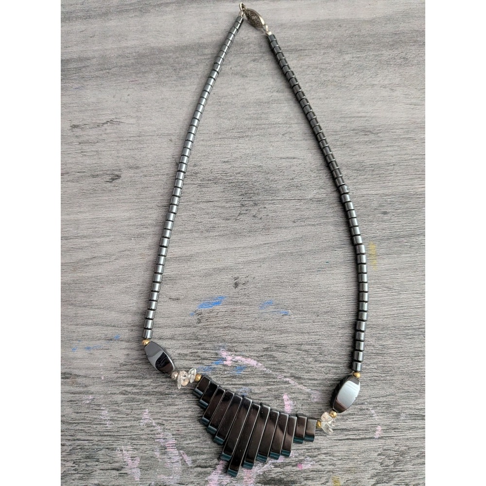 Vintage Hematite Beaded Bib Necklace Gunmetal Geometric Statement Jewelry 18 In